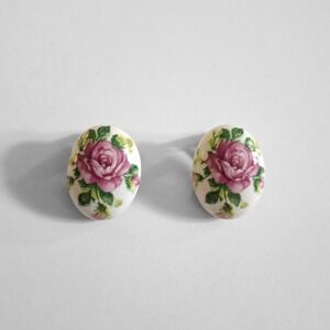 Vintage Pink Rose Floral Ceramic Oval Clip On Earrings Cottagecore Victorian